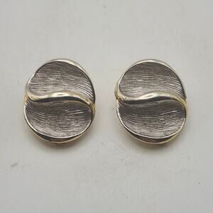 Vintage Two Tone Clip On Earrings Round Textured Wave Gold Silver Button Pair